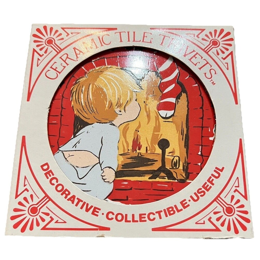 Vintage 1981 Jasco Christmas Ceramic Tile Trivet Santa Fireplace Boy 4"
